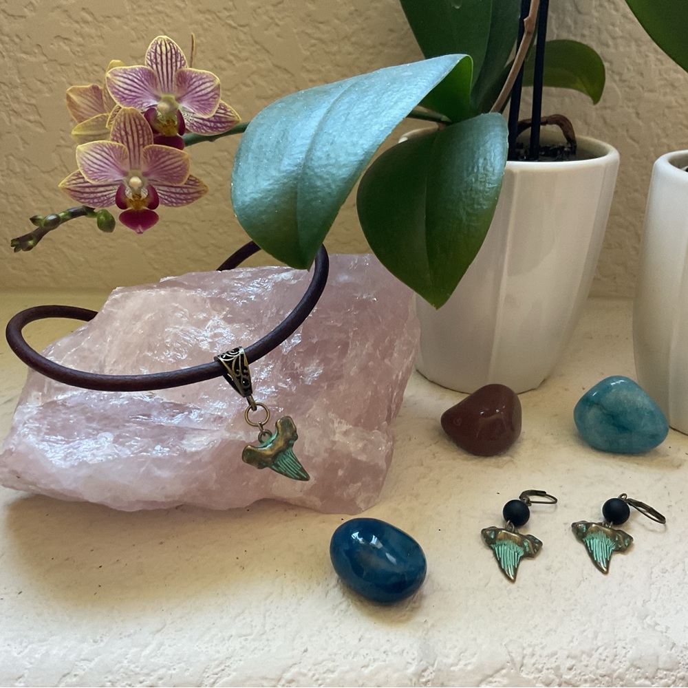 Shark Tooth Pendant Necklace and Earring Set